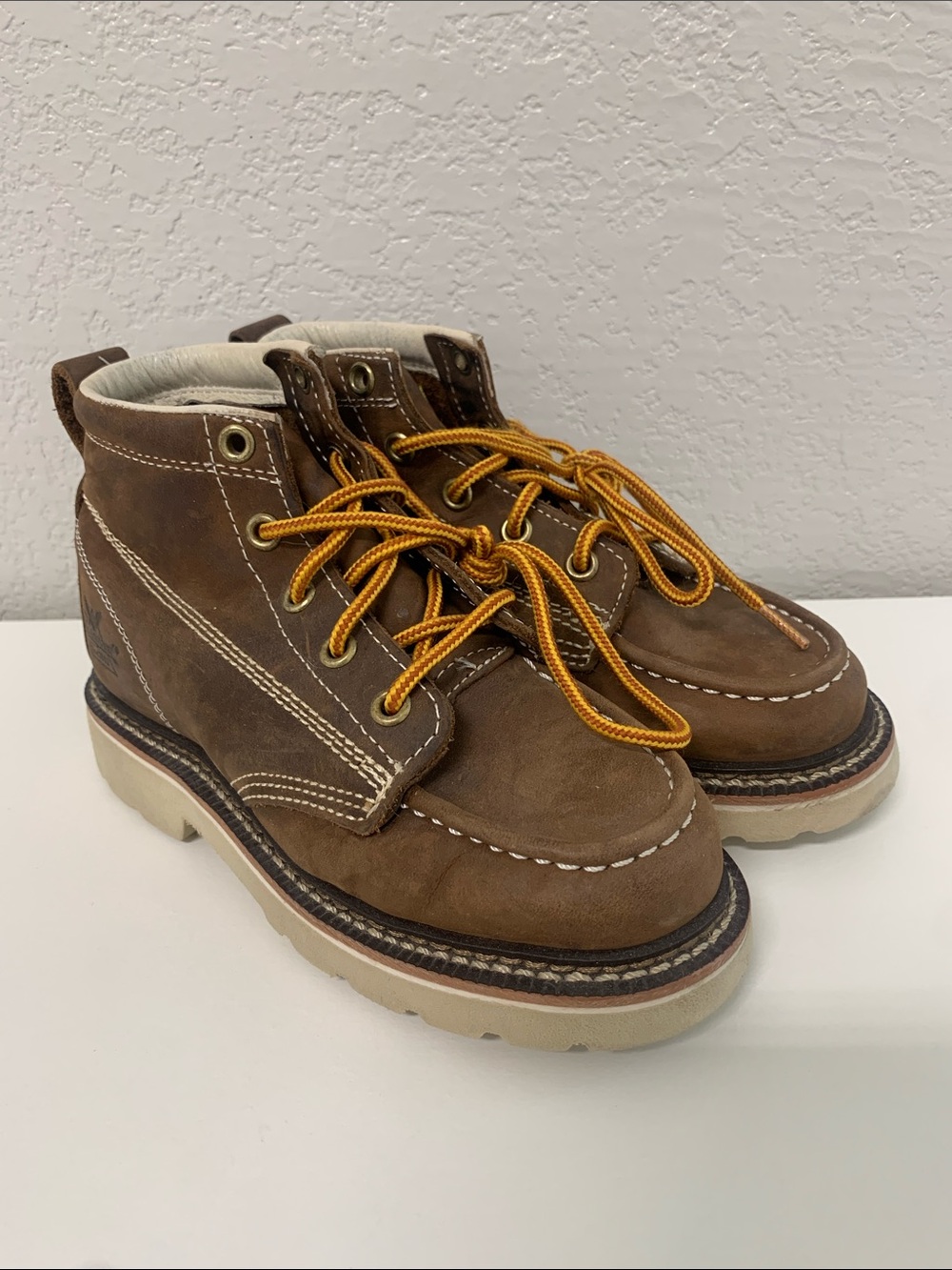 Kids Brown Leather Moc Toe Boots with Yellow Laces